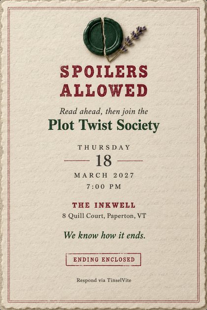 Book club invitation on cream cotton paper with a cracked green wax seal and lavender sprig, the title Spoilers Allowed in red slab capitals, and the date and venue below.