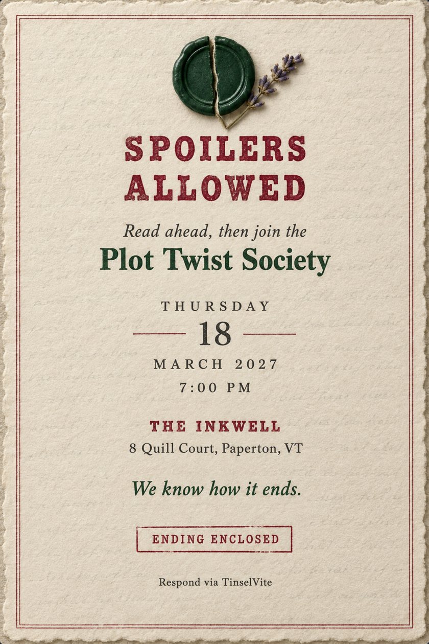 Book club invitation on cream cotton paper with a cracked green wax seal and lavender sprig, the title Spoilers Allowed in red slab capitals, and the date and venue below.