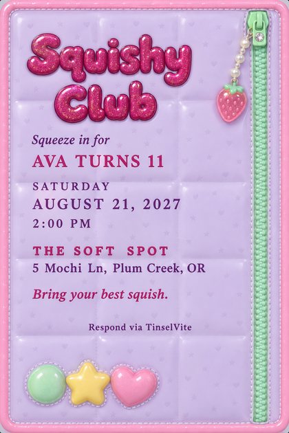 Birthday invitation styled as a lilac quilted jelly vinyl pencil pouch with pink piping, a mint zipper, a strawberry charm and glittery pink Squishy Club lettering.