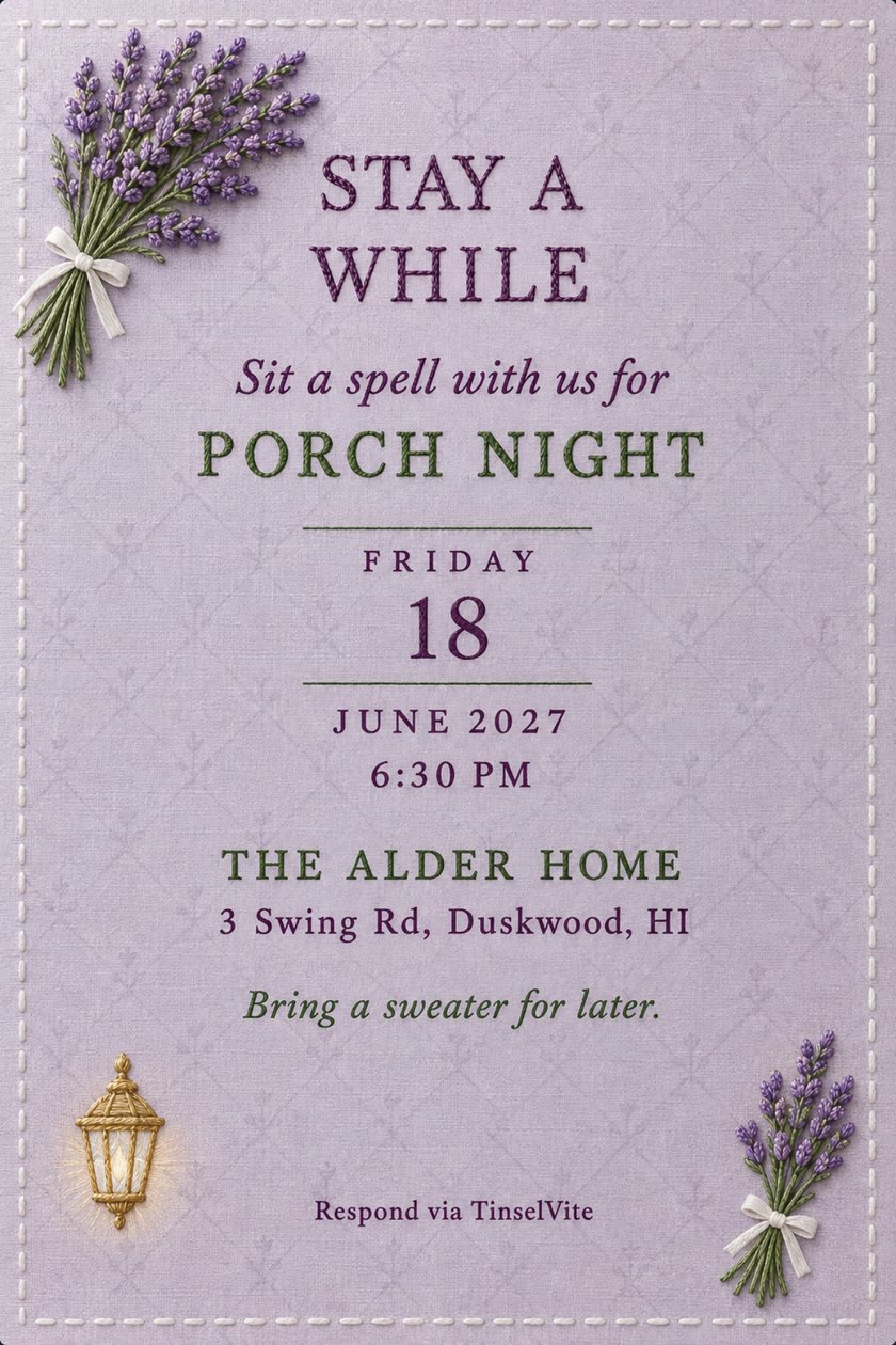 Just because porch night invitation on soft lavender linen, with embroidered lavender bundles, a small gold lantern and the heading Stay a While, date and venue below.