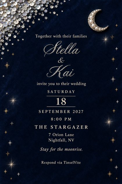 Midnight navy velvet card. Silver and opal sequins pool in the top left corner; a pearl crescent moon brooch sits at the top right. Silver script reads Stella & Kai, with the date and venue below.