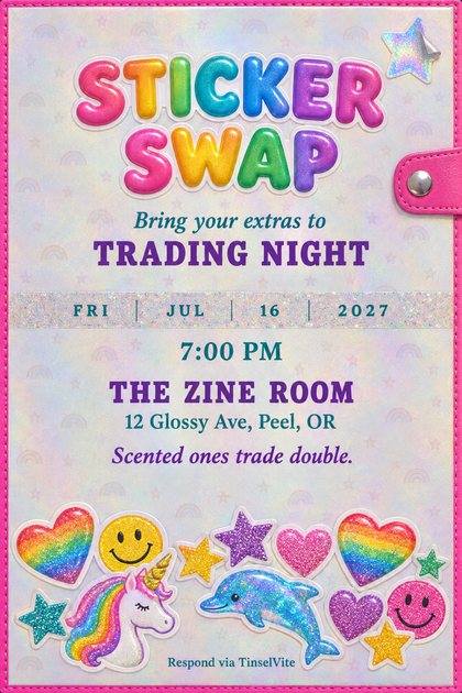 Just because sticker swap invitation: pearly binder cover with pink stitched edge, rainbow lettering, glitter tape date band, and a row of puffy stickers below.