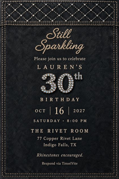 Black denim card with a rhinestone diamond grid along the top yoke, cream embroidered script reading Still Sparkling, and a large 30th in clear stones, with the date and venue below.