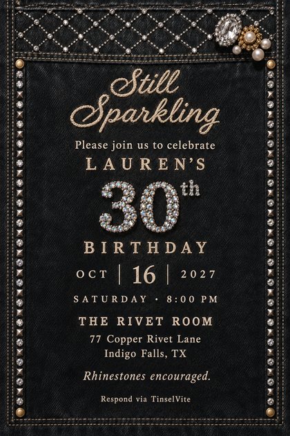 Washed black denim card with cream chain-stitch script reading Still Sparkling, a rhinestone 30th, studded side seams and a pearl and crystal brooch at top right, with the date and venue below.