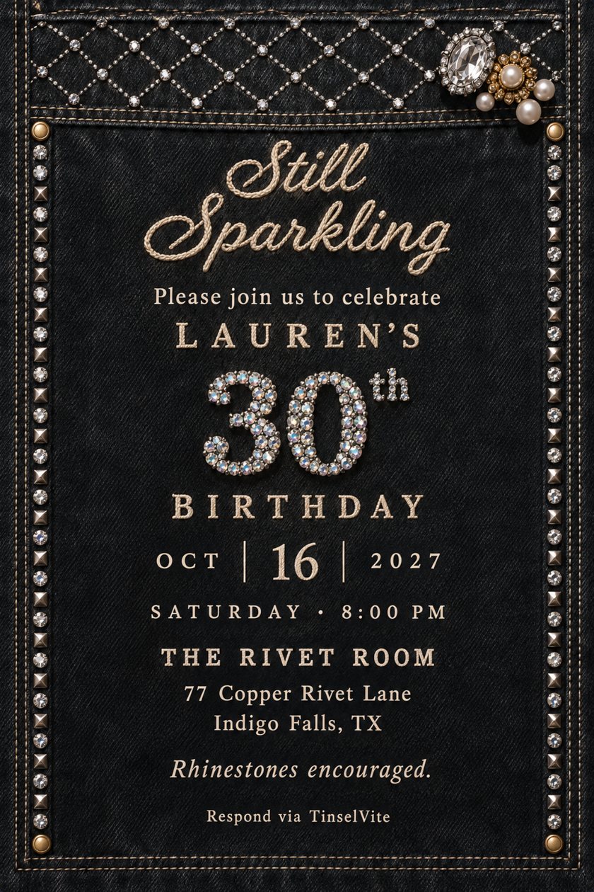 Washed black denim card with cream chain-stitch script reading Still Sparkling, a rhinestone 30th, studded side seams and a pearl and crystal brooch at top right, with the date and venue below.