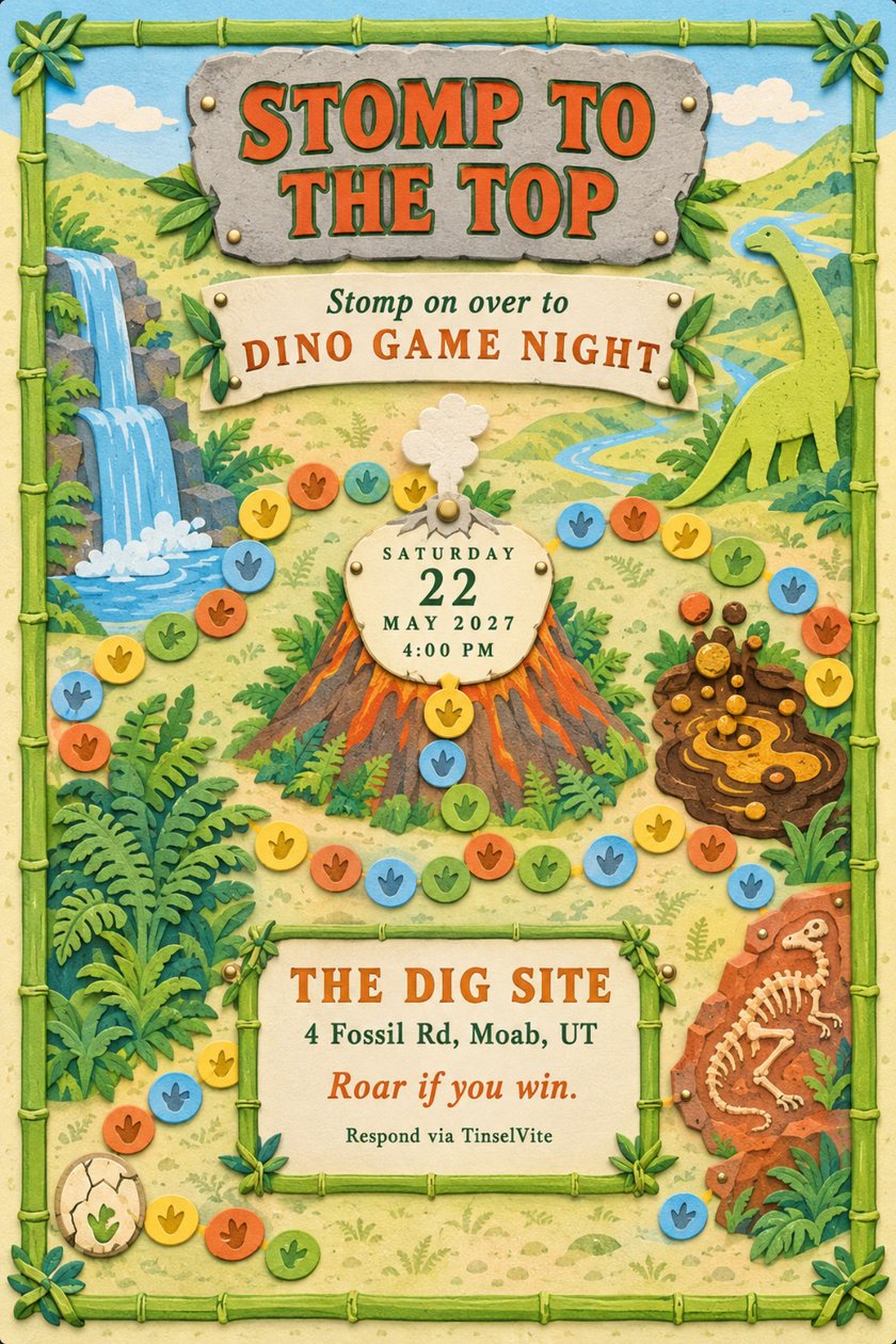 Dinosaur game night invitation on cotton rag board: a board game path of footprint stones circles a volcano, with a green dinosaur, waterfall and bamboo frame, titled Stomp to the Top.