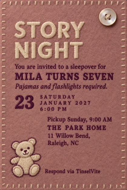 Dusty rose felt card edged in cream blanket stitch, a pearl button top right and a stitched cream teddy bear lower left. Large embroidered STORY NIGHT above sleepover wording, date and venue below.