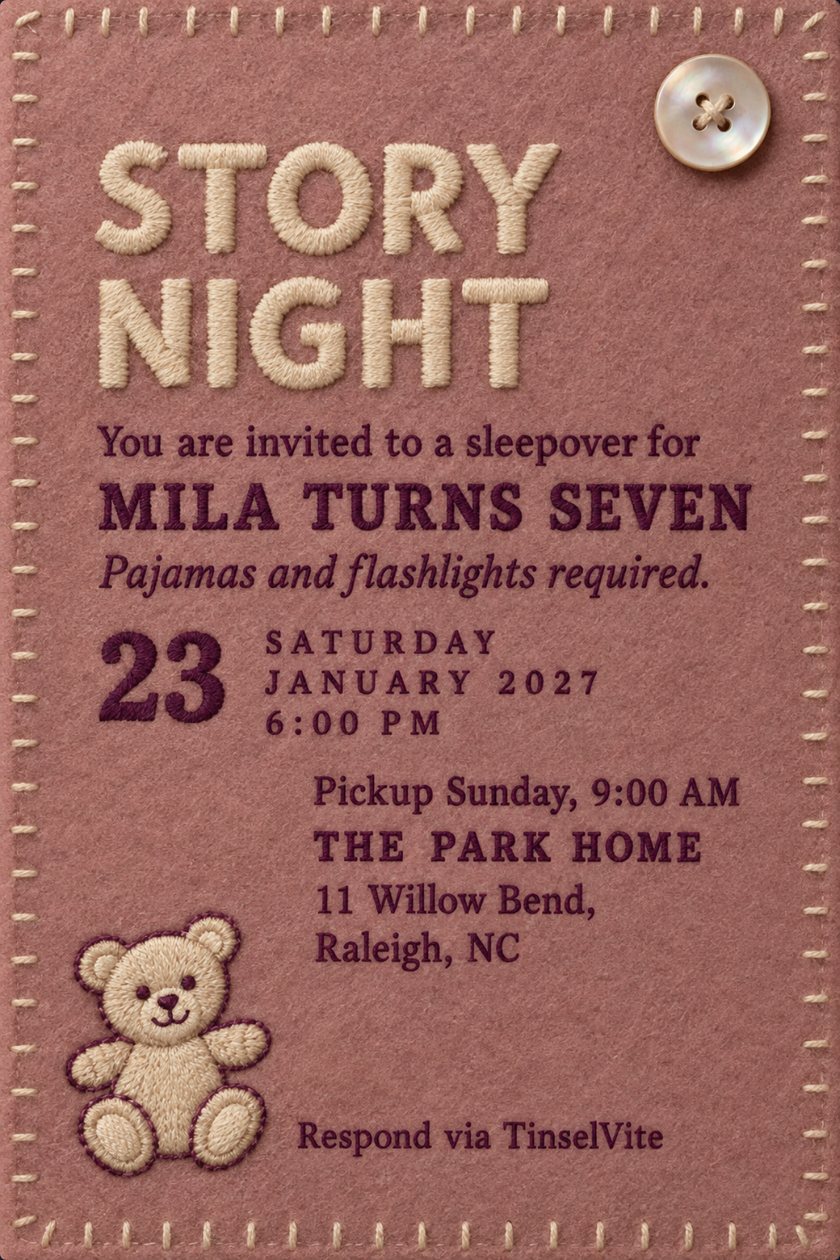 Birthday invitation: Dusty rose felt card edged in cream blanket stitch, a pearl button top right and a stitched cream teddy bear lower left. Large embroidered STORY NIGHT above sleepover wording, date and venue below.