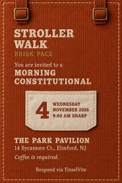 Rust corduroy card with two brass-buckled straps at top. Cream slab lettering reads STROLLER WALK and MORNING CONSTITUTIONAL, with gold BRISK PACE. A stitched cream pocket holds the date.