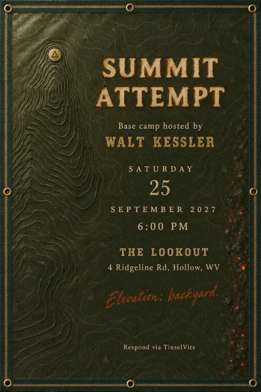 Dad's night out invitation: Olive canvas card with brass grommets. Embossed contour lines rise to a brass disc at top left; embers glow up the right edge. SUMMIT ATTEMPT in pale capitals, with date and venue below.