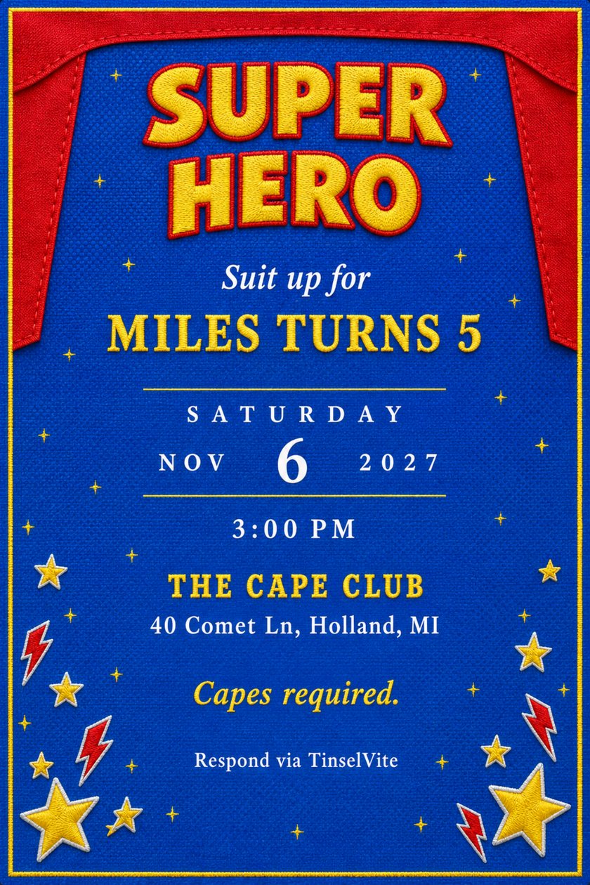 Superhero birthday invitation on royal blue canvas with red cape panels down both sides, yellow stitched SUPER HERO lettering, and embroidered stars and lightning bolts in the corners.