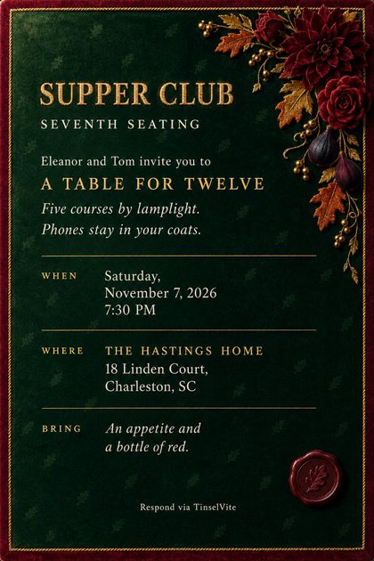 Stone linen card with sage stripes top and bottom and a brass napkin ring at the top right. Charcoal embroidered lettering: SUPPER CLUB, SEVENTH SEATING, A TABLE FOR TWELVE, date and venue below.