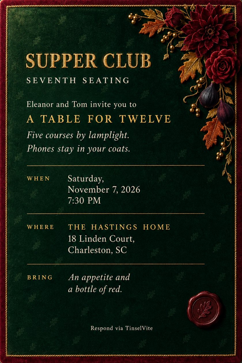 Dinner party invitation: Stone linen card with sage stripes top and bottom and a brass napkin ring at the top right. Charcoal embroidered lettering: SUPPER CLUB, SEVENTH SEATING, A TABLE FOR TWELVE, date and venue below.