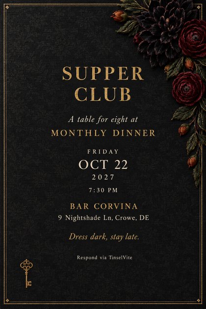 Dinner party invitation on black linen with embroidered velvet dahlias and burgundy flowers in the top right corner, gold SUPPER CLUB title, small gold key, details below.