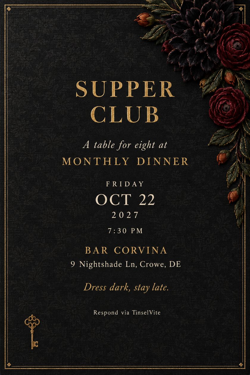 Dinner party invitation on black linen with embroidered velvet dahlias and burgundy flowers in the top right corner, gold SUPPER CLUB title, small gold key, details below.