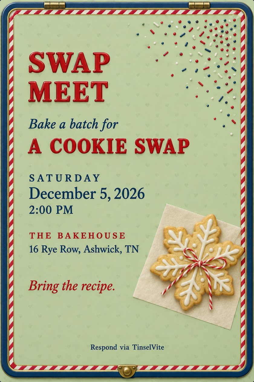 Cookie swap holiday party invitation styled as a vintage tin lid: pale green, candy stripe rim, sprinkles, an iced snowflake cookie on parchment, SWAP MEET in red, date and venue below.