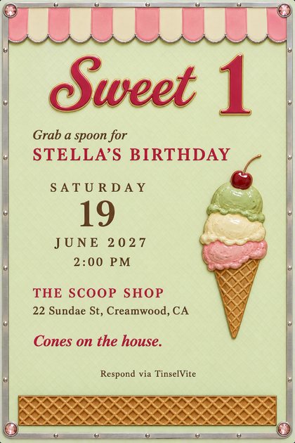 First birthday invitation styled as an ice cream parlour sign: pink and cream awning, three-scoop cone with a cherry, red script Sweet 1, date and venue below.