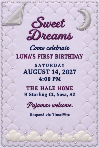 First birthday invitation in pale lilac quilted satin with a turned-down silver corner, silver crescent moon, cream clouds, purple script Sweet Dreams, and the date and venue below.