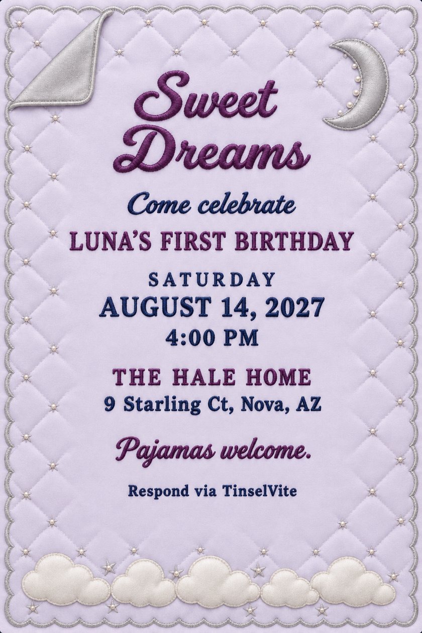 First birthday invitation in pale lilac quilted satin with a turned-down silver corner, silver crescent moon, cream clouds, purple script Sweet Dreams, and the date and venue below.