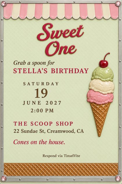 Birthday invitation on pale green enamelled steel: pink striped awning, three-scoop cone with a cherry, red script 'Sweet One', chrome rivets, details below.