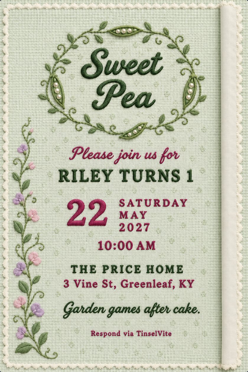 Sage green waffle-weave cotton first birthday invitation with an embroidered pea vine wreath and pearl pods around Sweet Pea, a flowering vine at left, date and venue below.