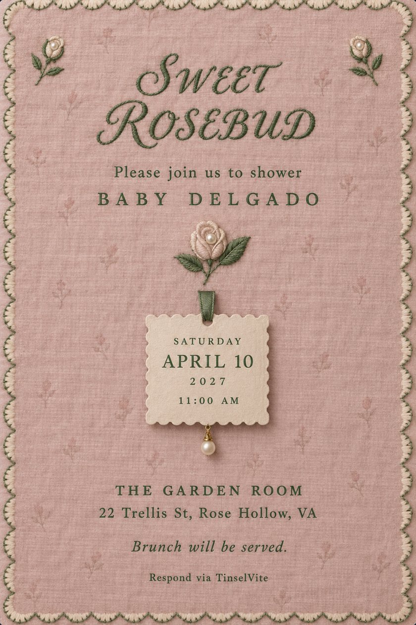 Baby shower invitation: Dusty rose cloth with cream scalloped border, embroidered cream rosebuds with pearls, sage script SWEET ROSEBUD, BABY DELGADO, and a cream date ticket on a ribbon with a pearl drop.