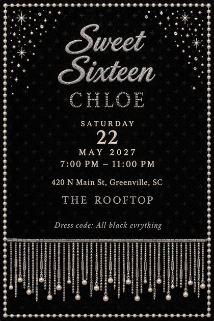 Sweet sixteen birthday invitation: silver embroidered script on black, a pearl-bead name, star sparkles in the corners, a bead fringe at the bottom, date and venue below.