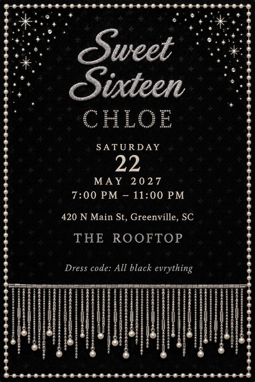 Sweet sixteen birthday invitation: silver embroidered script on black, a pearl-bead name, star sparkles in the corners, a bead fringe at the bottom, date and venue below.
