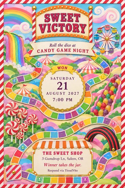 Game night invitation styled as a candy board game: rainbow path of square spaces winding past lollipops and a gumdrop hill, striped border, Sweet Victory marquee, date and venue below.