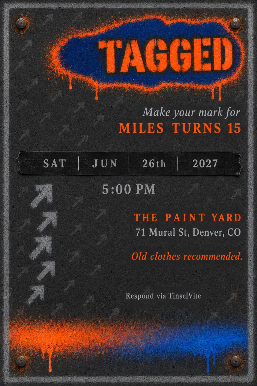 Birthday invitation on dark concrete with a blue spray-paint cloud outlined in orange reading TAGGED, a black tape date strip, grey arrows, with the date and venue below.