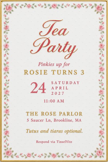 Birthday invitation on white bone china with a pink rose border and gold rim, script title Tea Party in rose and gold, with the date and venue below.