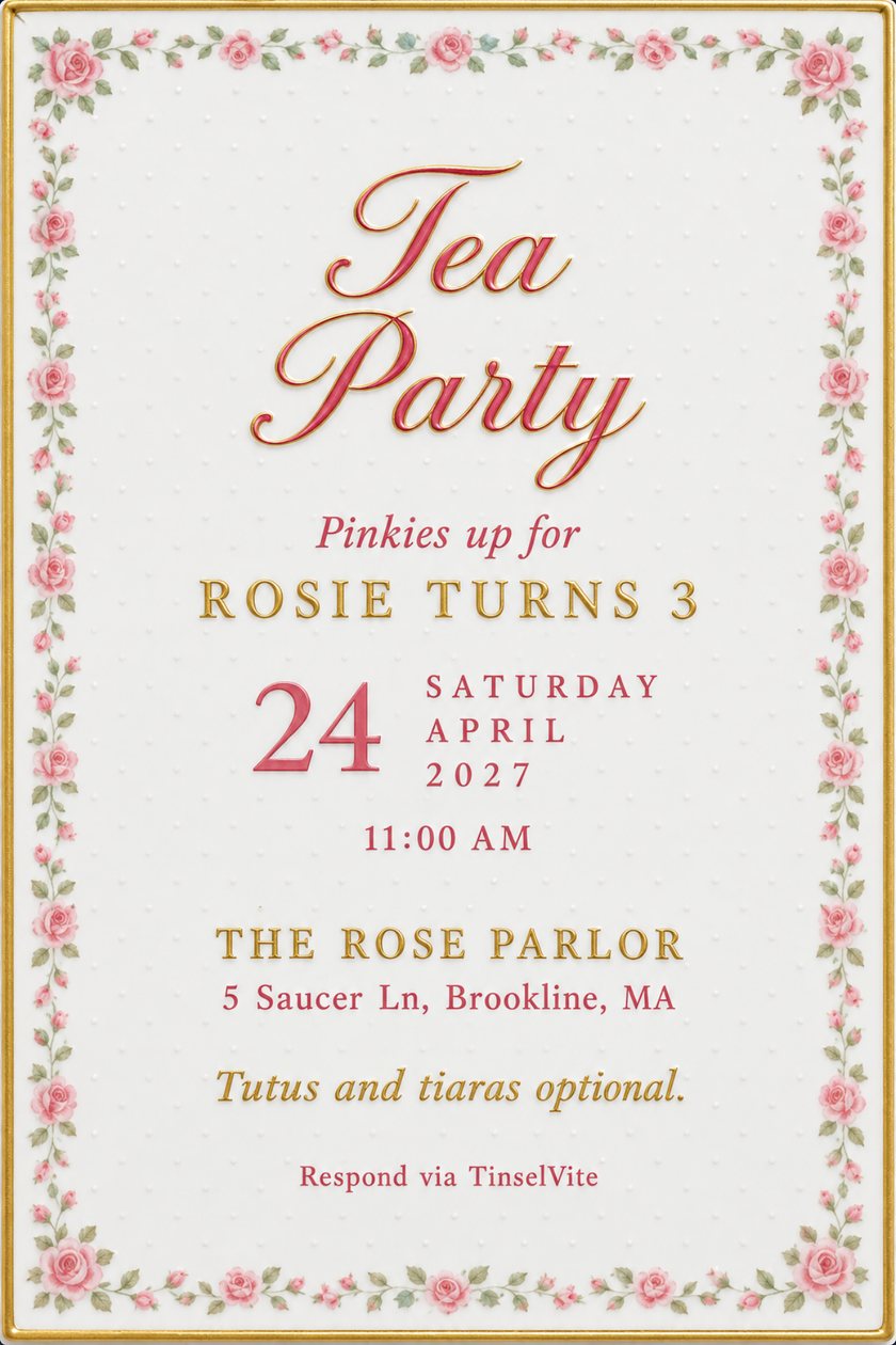 Birthday invitation on white bone china with a pink rose border and gold rim, script title Tea Party in rose and gold, with the date and venue below.