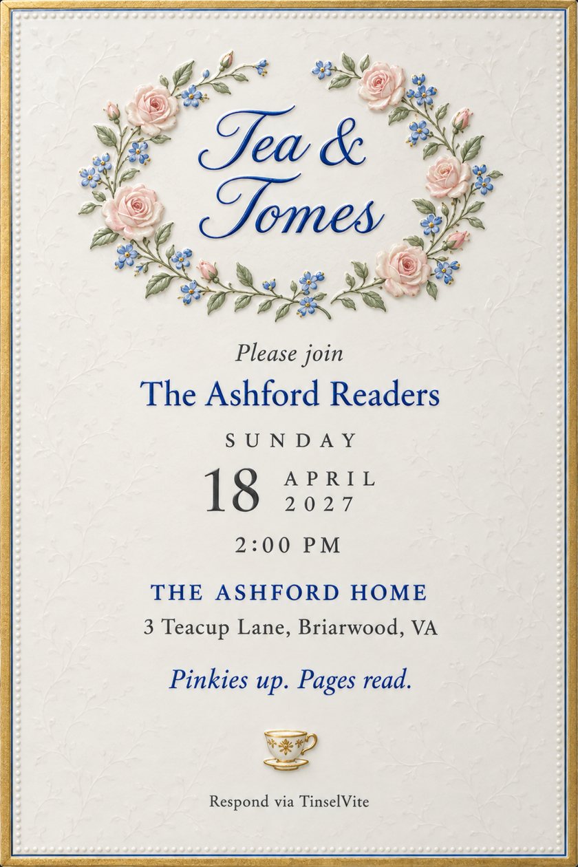 Book club invitation on white glazed china with a gold rim, a wreath of pink roses and blue forget-me-nots, a gilt teacup, and Tea & Tomes in blue script, date and venue below.