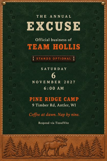 Forest-green suede card: a mounted moose on a leather plaque, pine trees, a thermos and duck call. Cream type reads THE ANNUAL EXCUSE above an orange STANDS OPTIONAL tag, with date and venue below.
