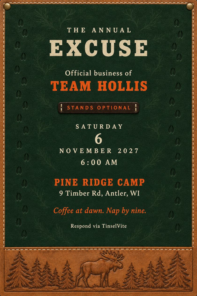 Just because invitation: Forest-green suede card: a mounted moose on a leather plaque, pine trees, a thermos and duck call. Cream type reads THE ANNUAL EXCUSE above an orange STANDS OPTIONAL tag, with date and venue below.