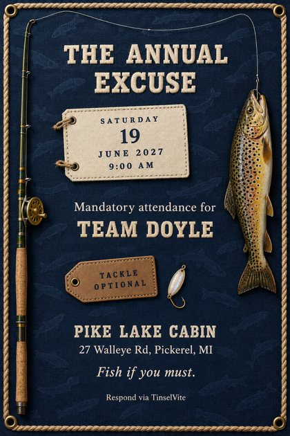 Navy canvas card edged in rope with brass grommets. A fishing rod at left, a trout hanging from a cast line at right, cream lettering THE ANNUAL EXCUSE, a TACKLE OPTIONAL tag, date and venue below.