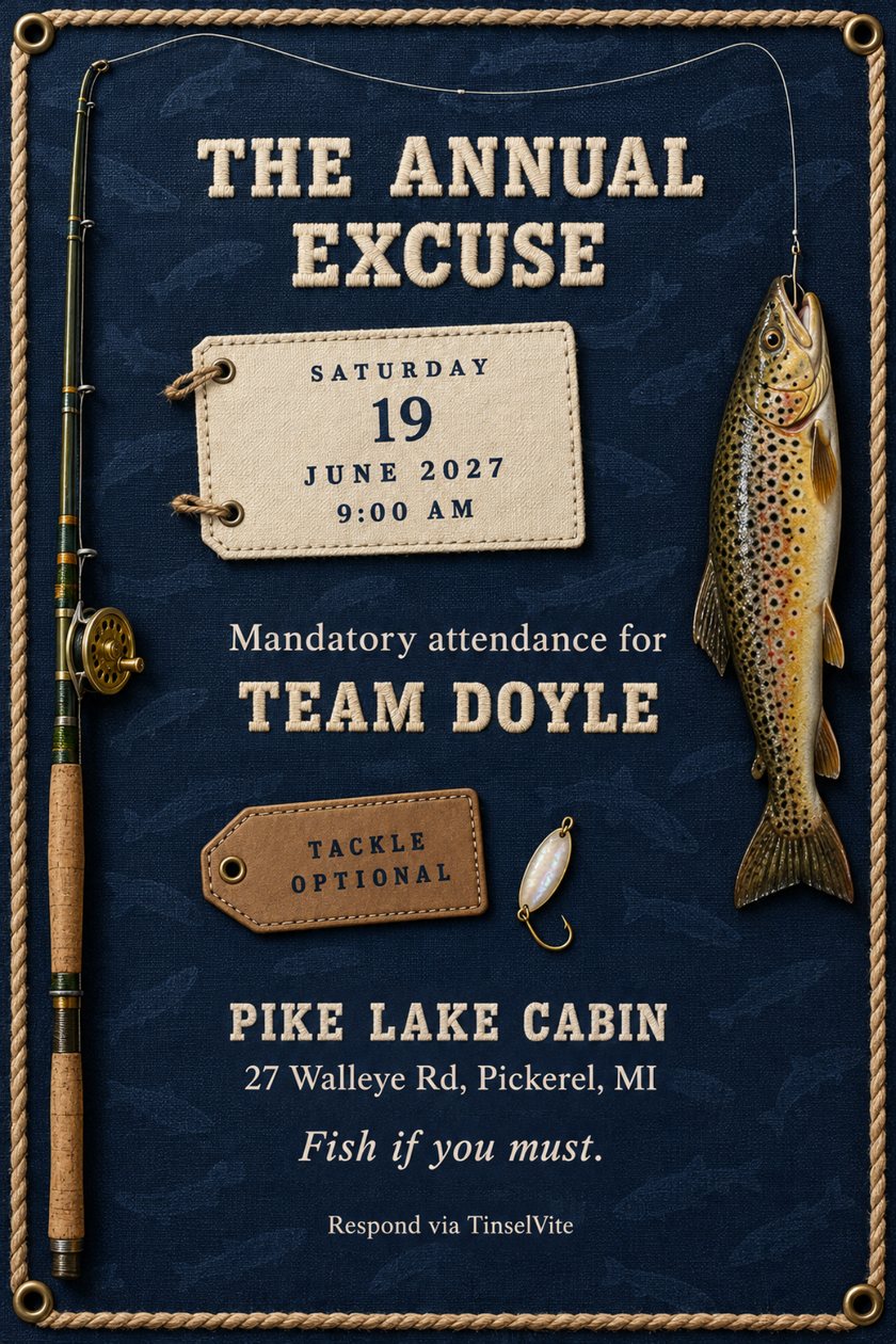 Just because invitation: Navy canvas card edged in rope with brass grommets. A fishing rod at left, a trout hanging from a cast line at right, cream lettering THE ANNUAL EXCUSE, a TACKLE OPTIONAL tag, date and venue below.