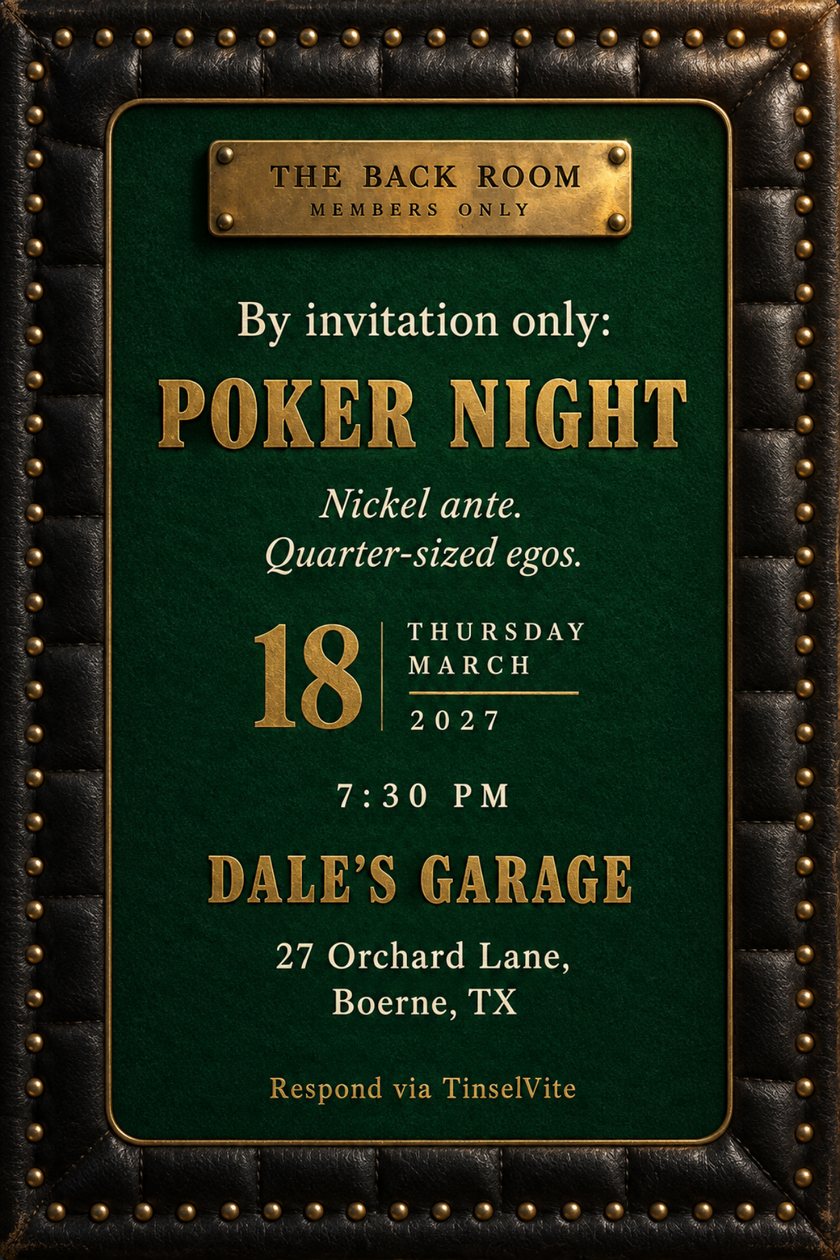 Game night invitation: Black quilted leather invitation with brass upholstery tacks and a riveted nameplate reading THE BACK ROOM, MEMBERS ONLY. On green felt, brass letters read POKER NIGHT, with the date and venue below.