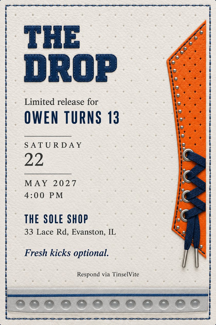 Birthday invitation styled as a white leather sneaker side, with an orange perforated panel, navy laces through steel eyelets, a grey foam sole band and navy stitched title The Drop.