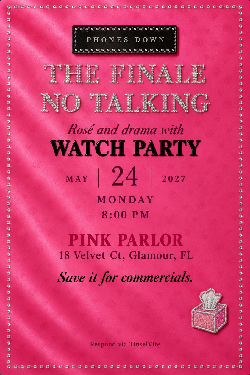 Watch party invitation on hot-pink satin with a rhinestone border, a black leather tab reading Phones Down, crystal title The Finale No Talking, and a tissue box patch.