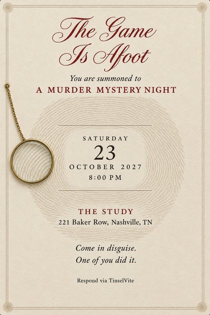 Murder mystery night invitation on cream cotton-rag paper: red script The Game Is Afoot, a large engraved fingerprint, a brass magnifying glass on a chain, date and venue below.