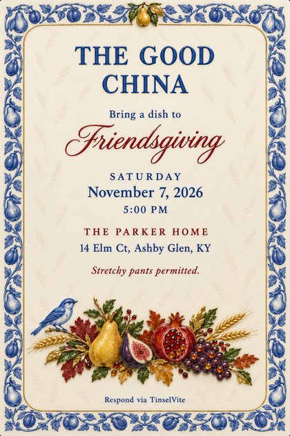 Friendsgiving invitation on blue and white bone china with a pear and plum garland border, a raised enamel harvest spray and a bluebird, titled The Good China, date and venue below.