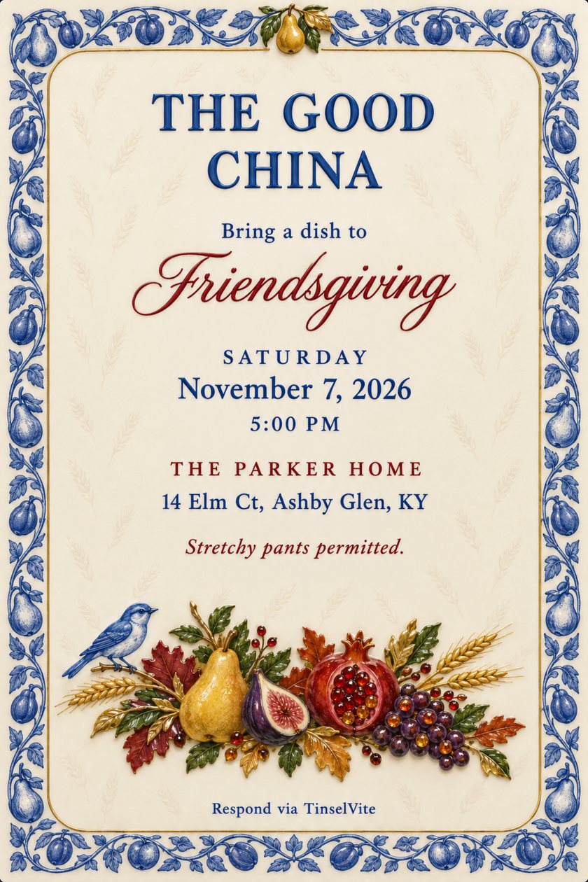 Holiday party invitation: Friendsgiving invitation on blue and white bone china with a pear and plum garland border, a raised enamel harvest spray and a bluebird, titled The Good China, date and venue below.