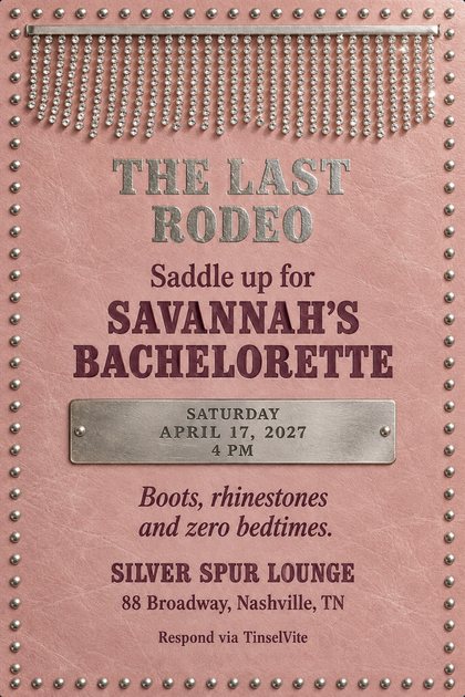 Rose pink leather card edged with silver nailhead studs. A rhinestone fringe hangs from a silver bar at the top. Silver slab capitals read THE LAST RODEO, with plum lettering and an engraved silver plate below.