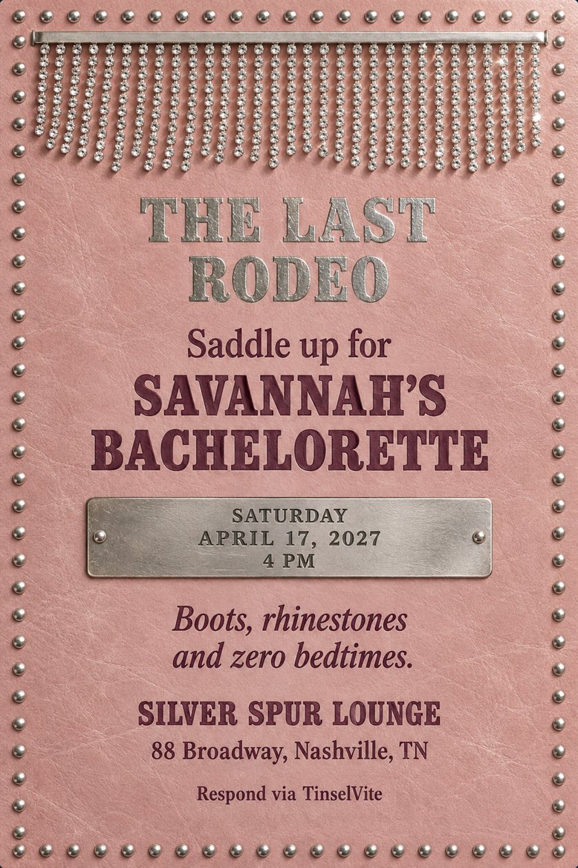 Bachelorette party invitation: Rose pink leather card edged with silver nailhead studs. A rhinestone fringe hangs from a silver bar at the top. Silver slab capitals read THE LAST RODEO, with plum lettering and an engraved silver plate below.