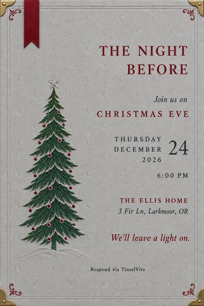 Christmas Eve invitation on grey linen book cloth with a green fir tree hung with ruby ornaments, ruby lettering reading The Night Before, brass corners, and the date and venue below.