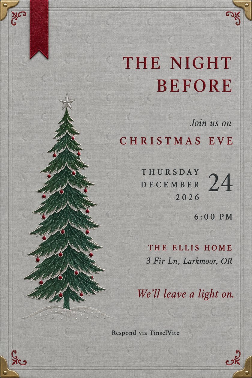 Holiday party invitation: Christmas Eve invitation on grey linen book cloth with a green fir tree hung with ruby ornaments, ruby lettering reading The Night Before, brass corners, and the date and venue below.