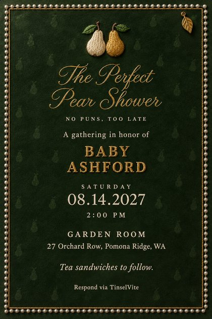 Dark green suede card edged in cream pearls and gold cord. Two embroidered pears and a small gold leaf charm sit above gold script reading The Perfect Pear Shower, with the date and venue below.