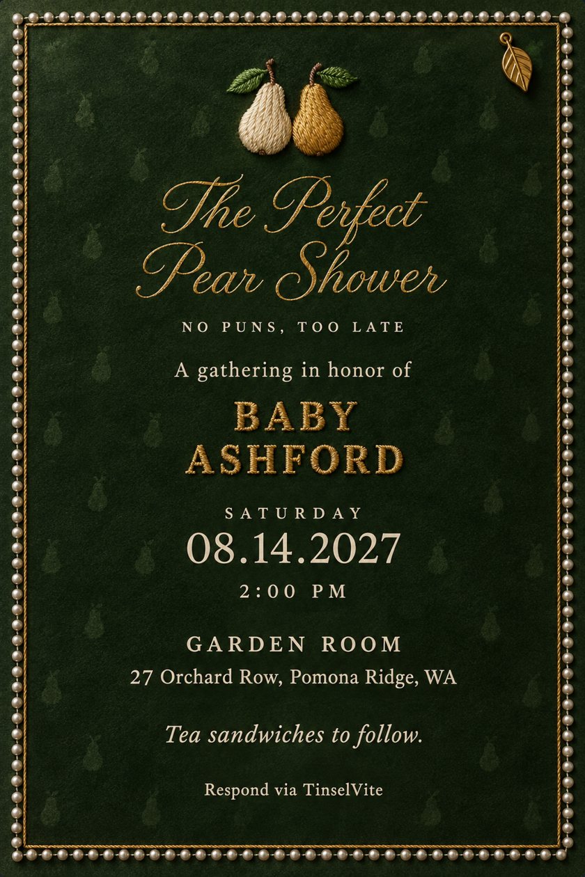 Baby shower invitation: Dark green suede card edged in cream pearls and gold cord. Two embroidered pears and a small gold leaf charm sit above gold script reading The Perfect Pear Shower, with the date and venue below.