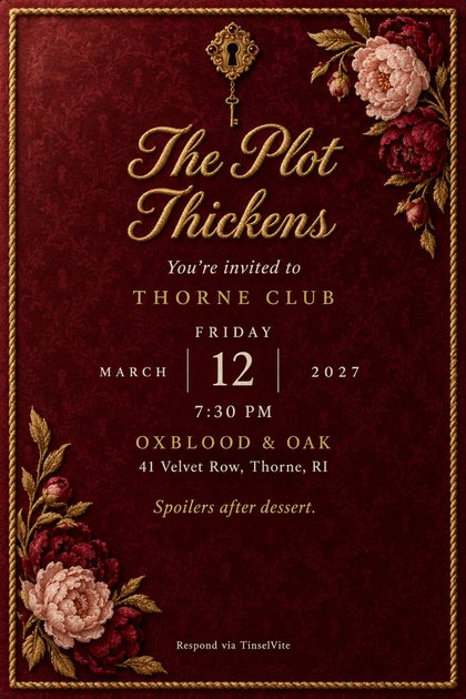 Book club invitation on deep red velvet with a gold rope border, stitched blush and garnet peonies in two corners, a gold keyhole and key, and the script title The Plot Thickens.